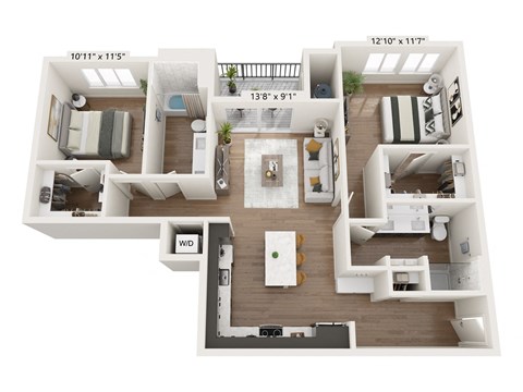 a 3d floor plan of a house with a bedroom and a living room
